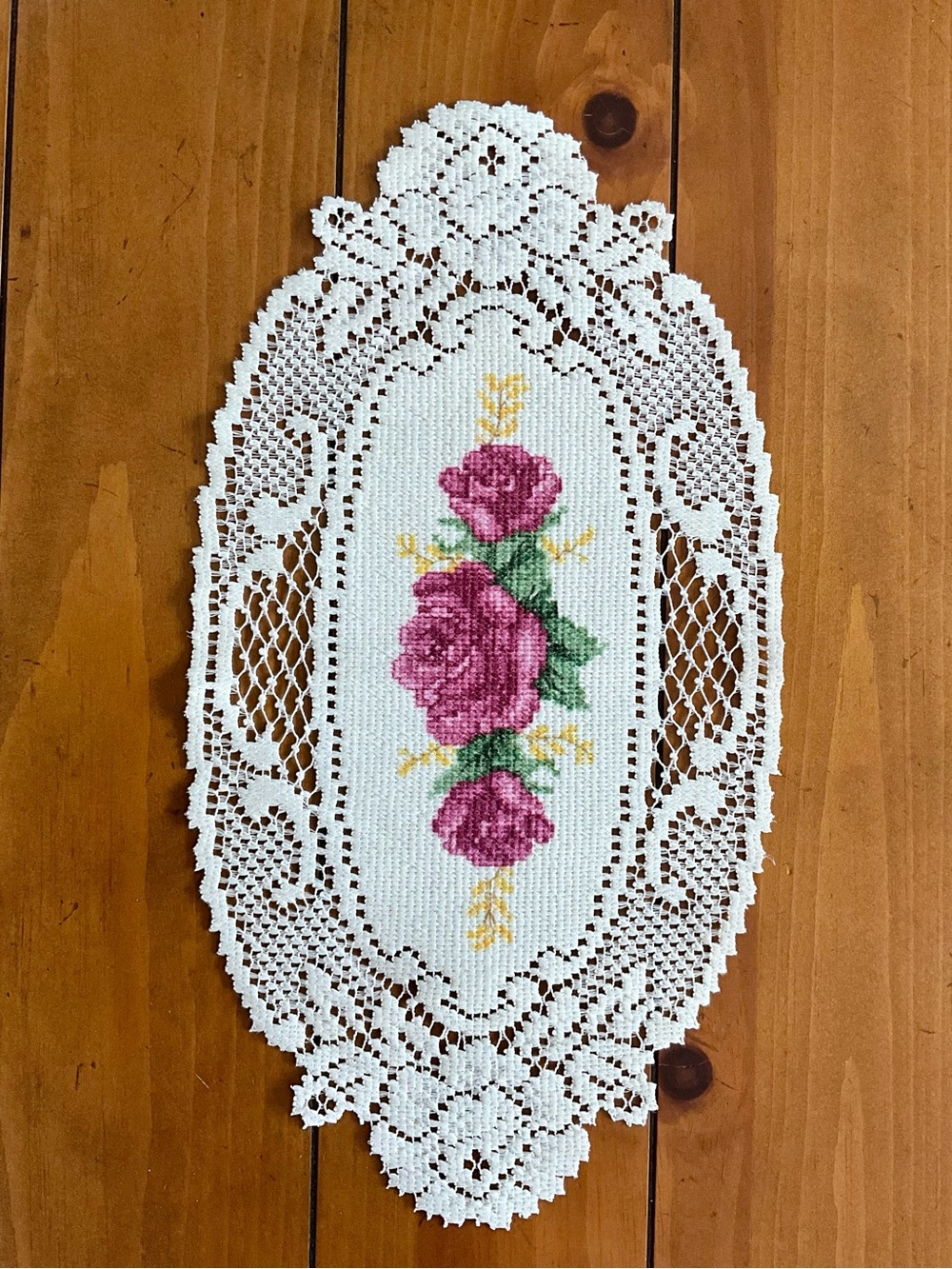 Intricate Victorian-Style Lace Doily with Roses 15”x8”